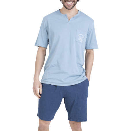 Pyjama court en coton bleu uni pourvu d'une...