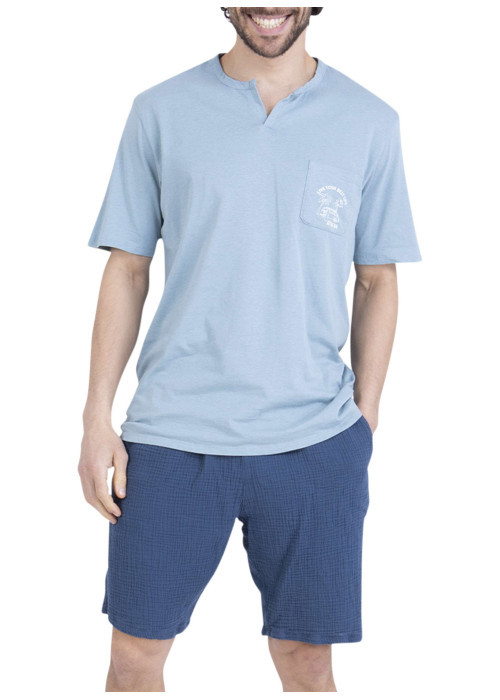 Pyjama court en coton bleu uni pourvu d'une coupe droite et d'un col tunisien
