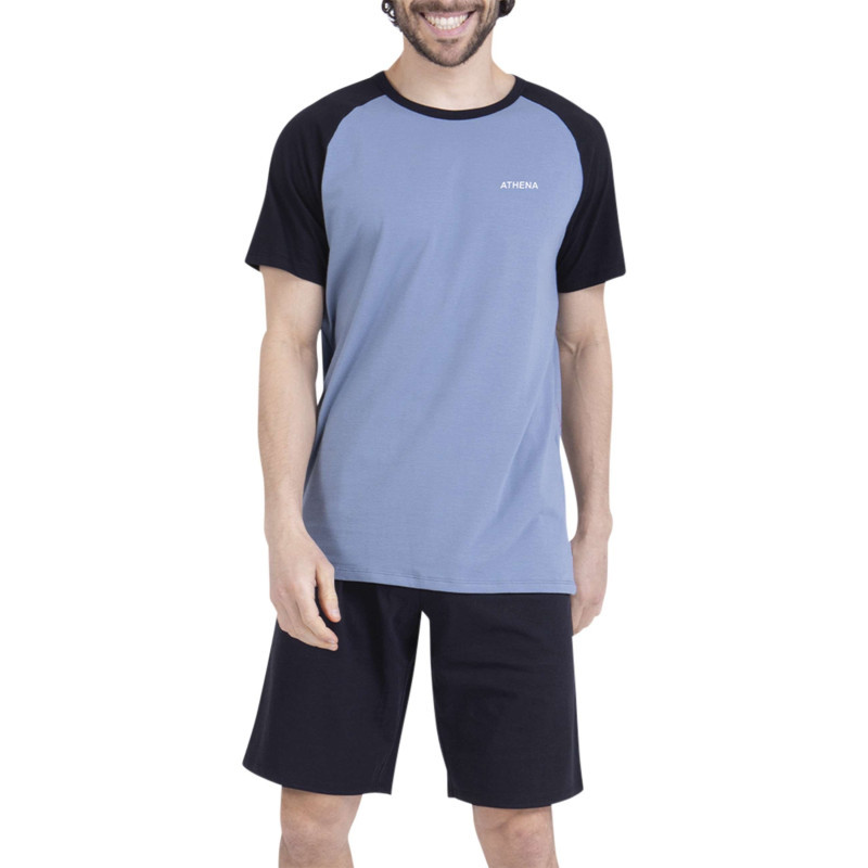 Athéna - Pyjama Court En Coton Bleu Uni Pourvu D'une Coupe Droite Et D'un Col Rond - Bleu Athéna - Pyjama Court En Coton Bleu Uni Pourvu D'une Coupe Droite Et D'un Col Rond - Bleu