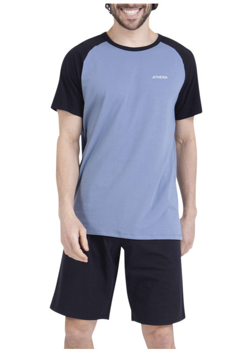 Pyjama court en coton bleu uni pourvu d'une coupe droite et d'un col rond