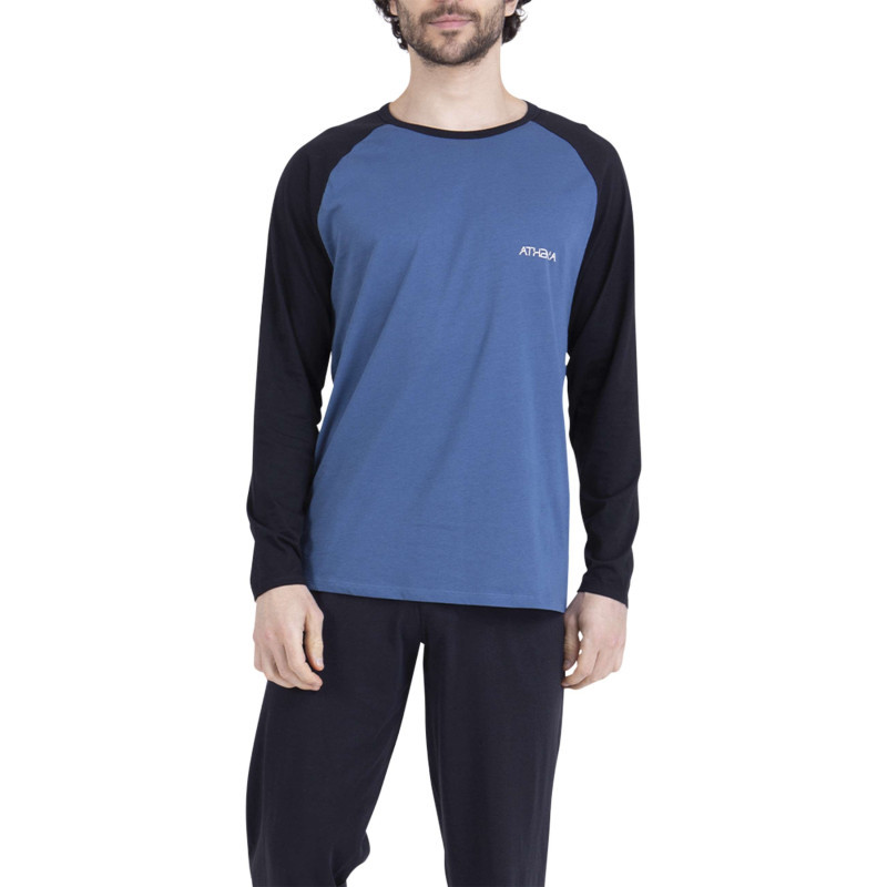 Athéna - Pyjama Long En Coton Bleu Uni Pourvu D'une Coupe Droite Et D'un Col Rond - Bleu Athéna - Pyjama Long En Coton Bleu Uni Pourvu D'une Coupe Droite Et D'un Col Rond - Bleu