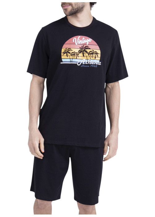 Pyjama court en coton noir uni pourvu d'un col rond et d'une coupe droite