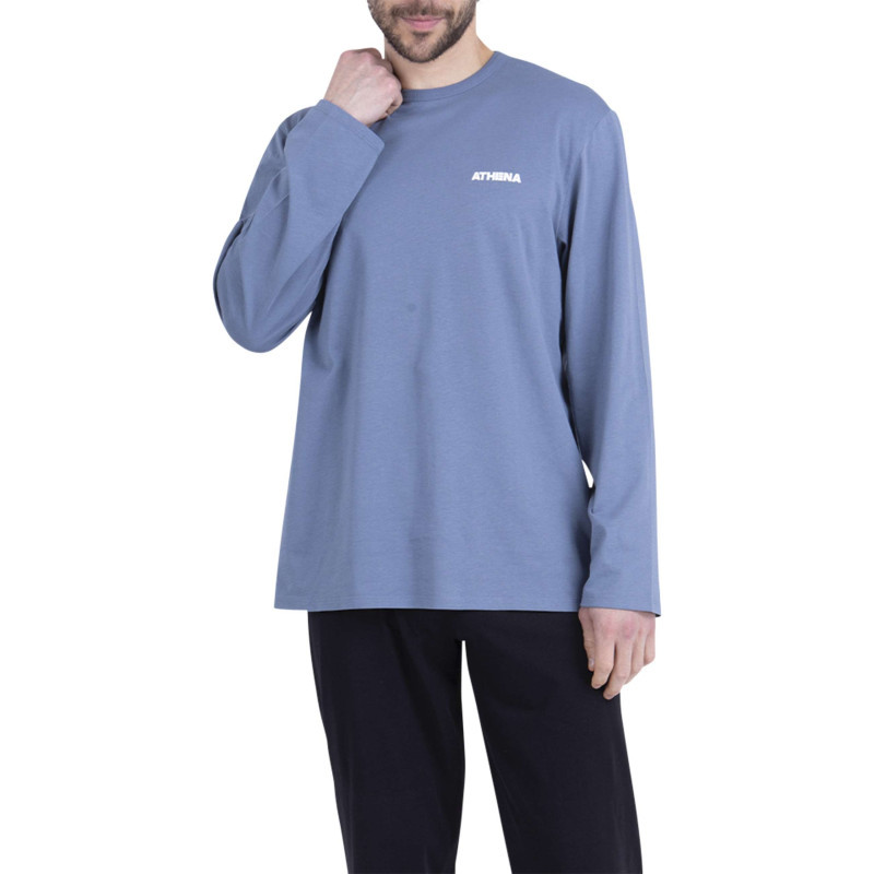 Athéna - Pyjama Long En Coton Bleu Uni Pourvu D'un Col Rond Et D'une Coupe Droite - Bleu Athéna - Pyjama Long En Coton Bleu Uni Pourvu D'un Col Rond Et D'une Coupe Droite - Bleu