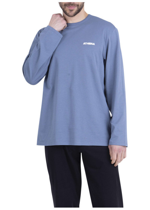 Pyjama long en coton bleu uni pourvu d'un col rond et d'une coupe droite