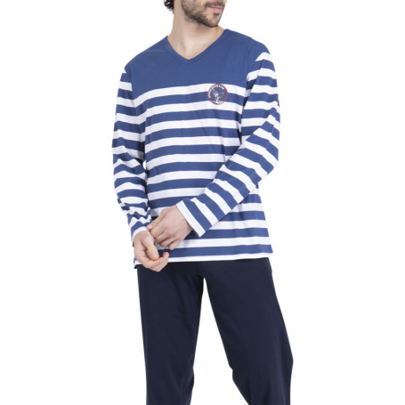Pyjama long en coton bleu à rayures pourvu...