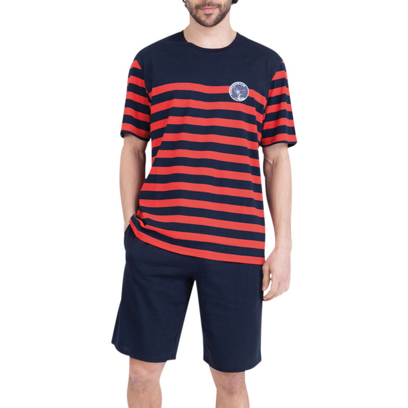 Athéna - Pyjama Court En Coton Marine à Rayures Pourvu D'une Coupe Droite - Bleu Athéna - Pyjama Court En Coton Marine à Rayures Pourvu D'une Coupe Droite - Bleu