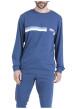 Thumbnail Pyjama long en coton bleu uni pourvu d'une poche plaquée sur le coeur