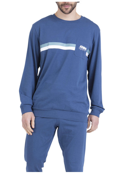 Pyjama long en coton bleu uni pourvu d'une poche plaquée sur le coeur