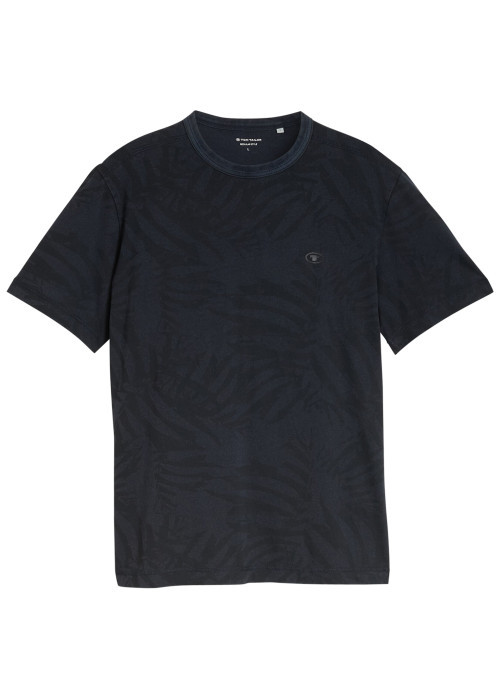 T-shirt en coton marine à motifs pourvu d'une coupe droite et d'un col rond