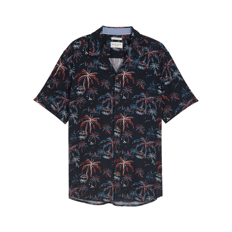 Tom Tailor - Chemise Marine à Motifs Pourvue D'un Col Cubain Et De Manches Courtes - Bleu Foncé