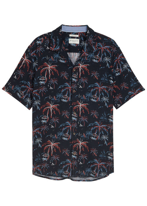 Chemise marine à motifs pourvue d'un col cubain et de manches courtes