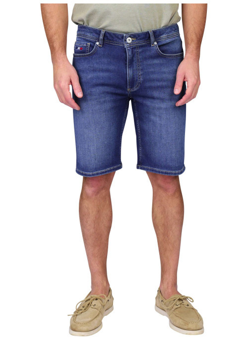 Short en coton mélangé marine à coupe droite pourvu de poches plaquées