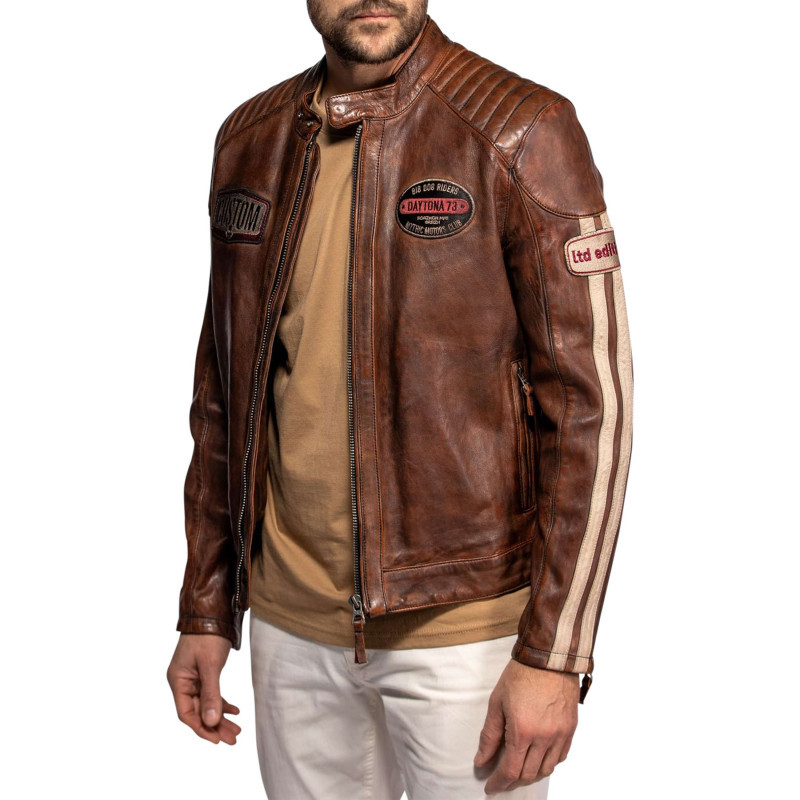 Daytona 73 - Blouson Corning En Cuir D'agneau Brun à Coupe Droite Pourvu D'un Col Boutonné - Marron