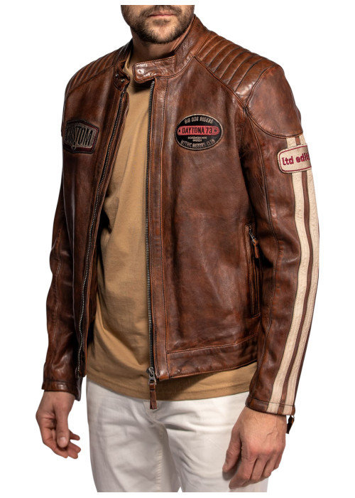 Blouson Corning en cuir d'agneau brun à coupe...