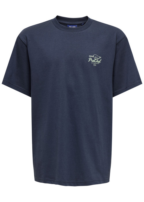 T-shirt en coton marine à imprimé avec une coupe droite et un col rond