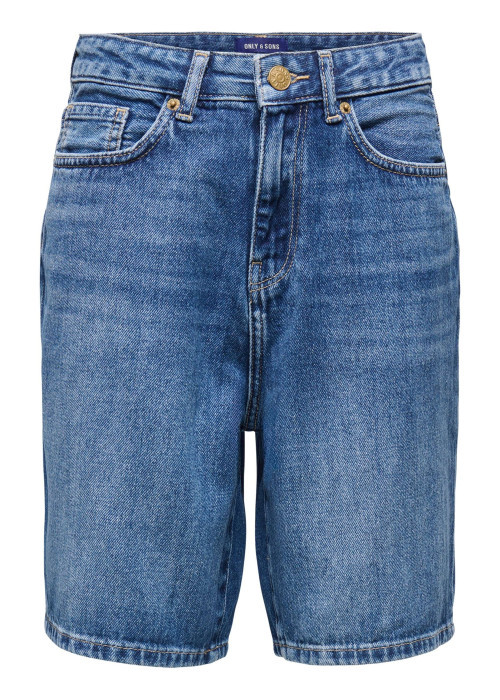 Short en coton biologique bleu uni à coupe droite muni d'un zip et d'un bouton