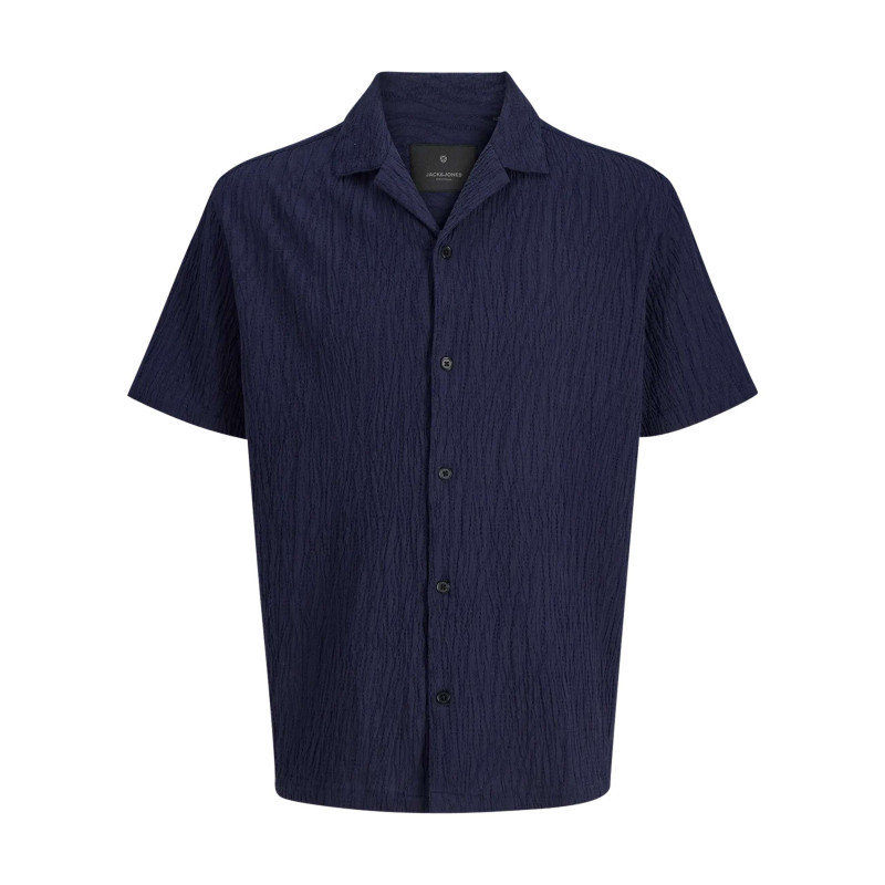 Premium By Jack & Jones - Chemise En Coton Marine Uni Avec Une Coupe Droite Et Un Col Cubain - Bleu Foncé Premium By Jack & Jones - Chemise En Coton Marine Uni Avec Une Coupe Droite Et Un Col Cubain - Bleu Foncé