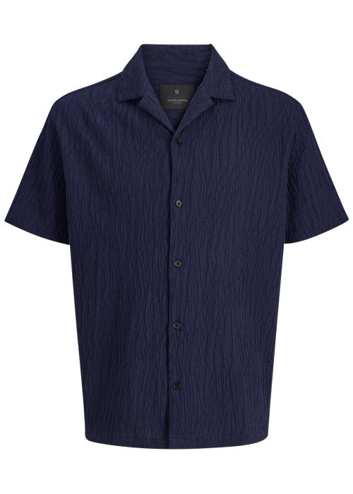 Chemise en coton marine uni avec une coupe droite et un col cubain