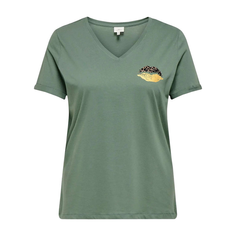 Only Carmakoma - T-shirt En Coton Biologique Vert Uni Pourvu D'un Bisou Imprimé Sur La Poitrine - Vert Only Carmakoma - T-shirt En Coton Biologique Vert Uni Pourvu D'un Bisou Imprimé Sur La Poitrine - Vert