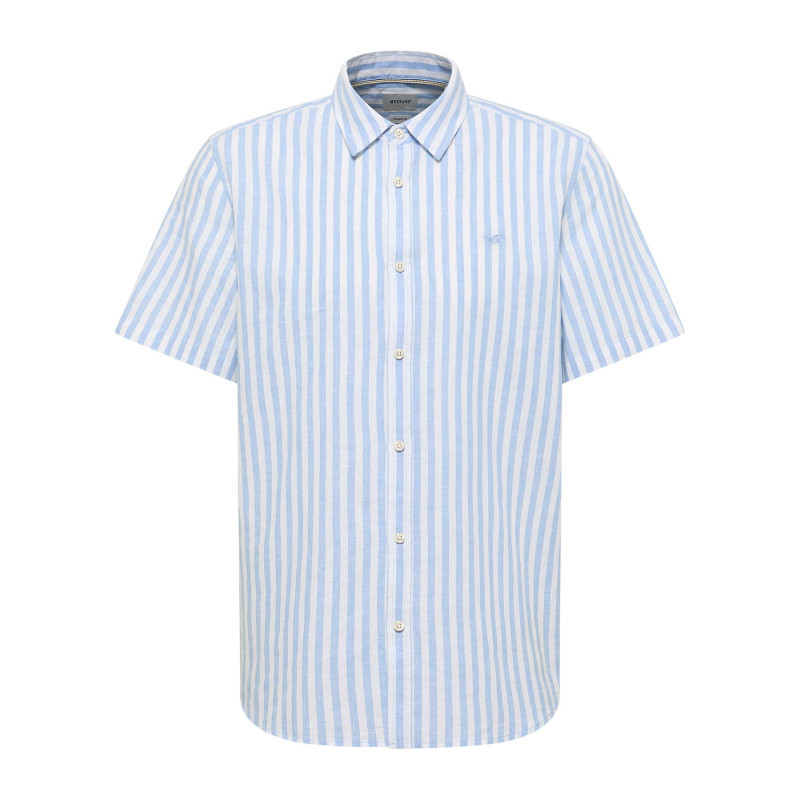 Mustang - Chemise En Coton Et Lin Mélangé Ciel à Rayures Pourvue De Manches Courtes - Bleu Clair