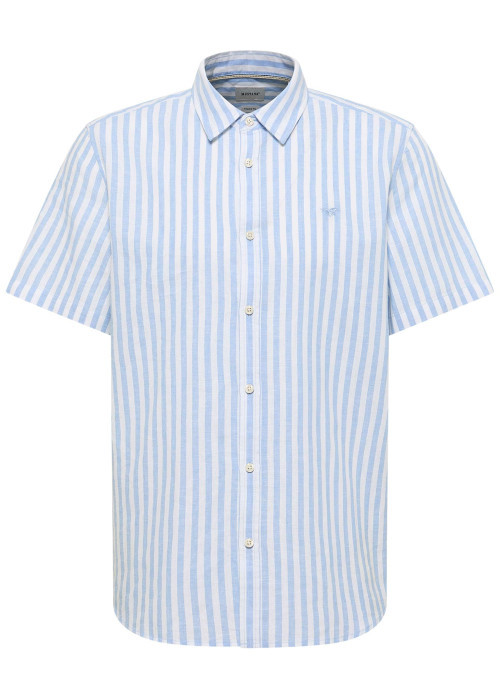 Chemise en coton et lin mélangé ciel à rayures pourvue de manches courtes