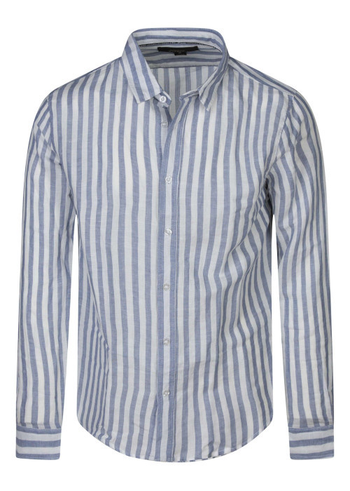 Chemise en lin et coton bleue à rayures pourvue d'un col français