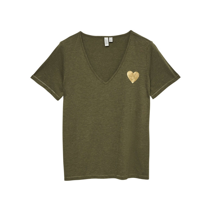 Vero Moda - T-shirt Kaki Uni Avec Une Coupe Droite Et Un Coeur Imprimé à La Poitrine - Vert Vero Moda - T-shirt Kaki Uni Avec Une Coupe Droite Et Un Coeur Imprimé à La Poitrine - Vert