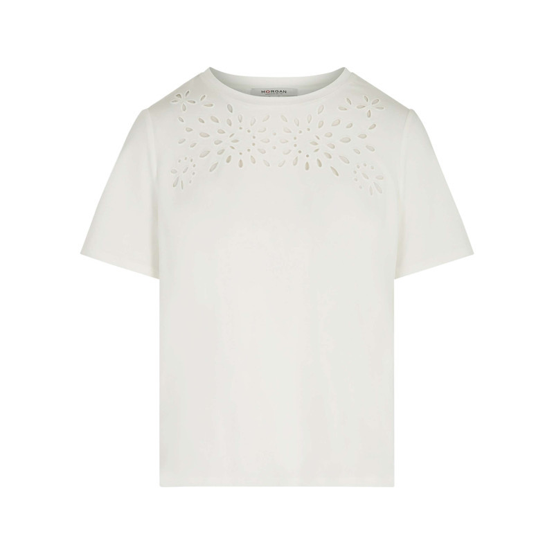 Morgan - T-shirt En Coton Blanc Uni Pourvu D'une Coupe Droite Et D'un Col Rond - Blanc