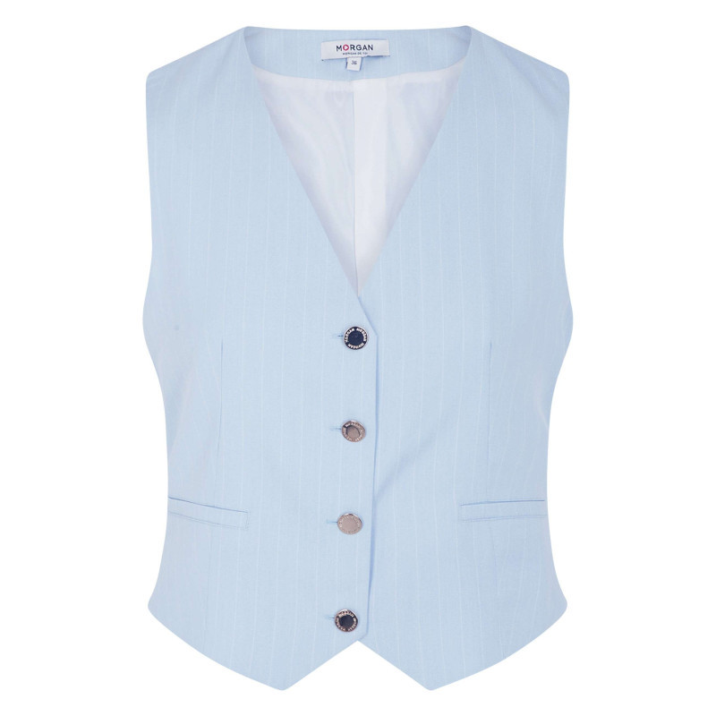 Morgan - Gilet Ciel à Rayures Pourvu D'une Coupe Droite Et D'un Col En V - Bleu Clair Morgan - Gilet Ciel à Rayures Pourvu D'une Coupe Droite Et D'un Col En V - Bleu Clair