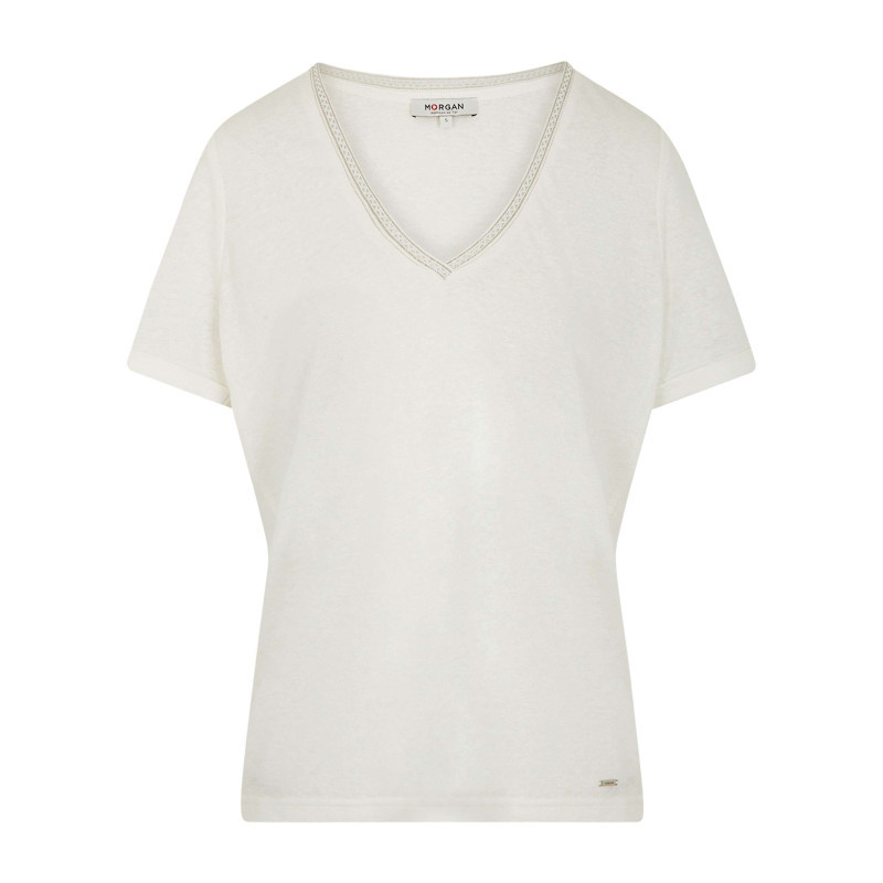 Morgan - T-shirt Blanc Uni Pourvu D'une Coupe Droite Et D'un Col En V - Blanc Morgan - T-shirt Blanc Uni Pourvu D'une Coupe Droite Et D'un Col En V - Blanc
