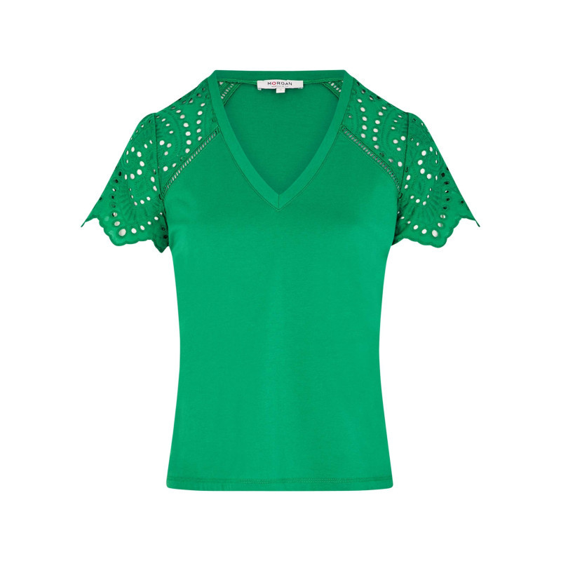 Morgan - T-shirt En Coton Vert Uni Pourvu D'une Coupe Droite Et D'un Col En V - Vert Morgan - T-shirt En Coton Vert Uni Pourvu D'une Coupe Droite Et D'un Col En V - Vert