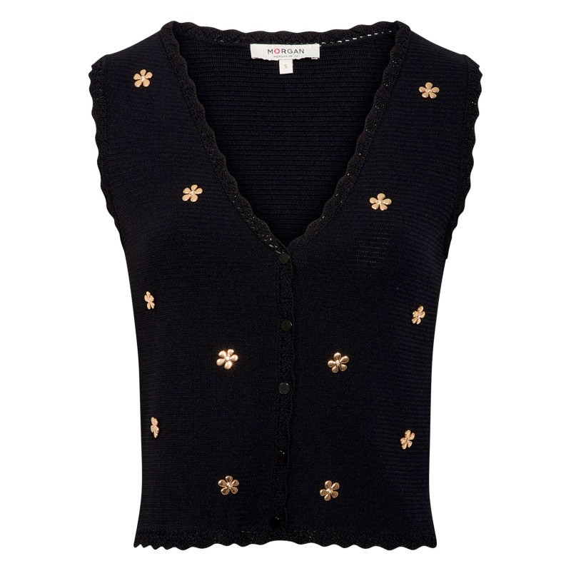 Morgan - Gilet Black Uni Chic Pourvu D'une Coupe Droite Et D'un Col En V - Noir Morgan - Gilet Black Uni Chic Pourvu D'une Coupe Droite Et D'un Col En V - Noir