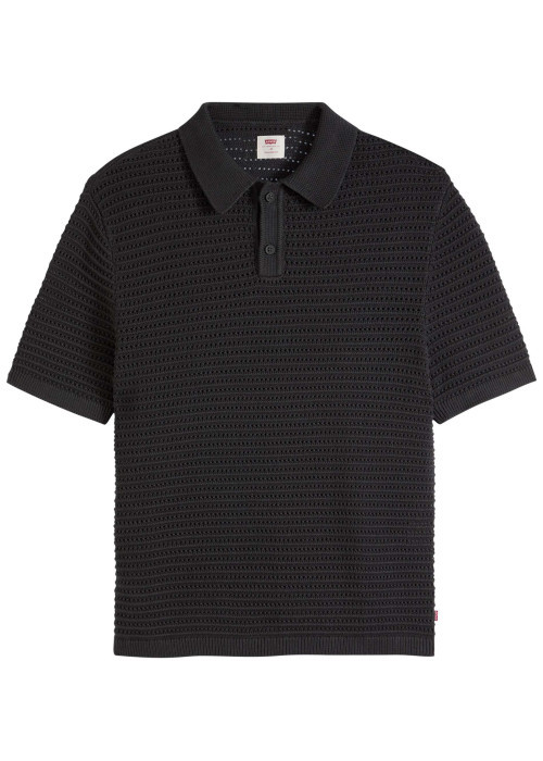 Polo en coton noir uni avec une coupe droite et un col boutonné