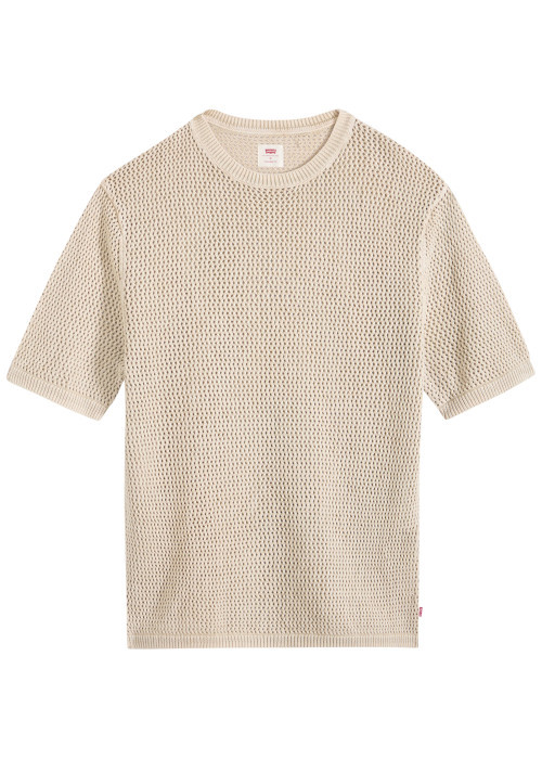 T-shirt en coton écru uni avec une coupe droite et un col rond bord côte
