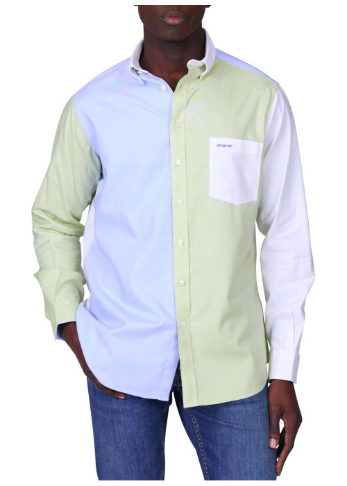 Chemise en coton biologique verte, blanche et bleue unie avec une coupe droite
