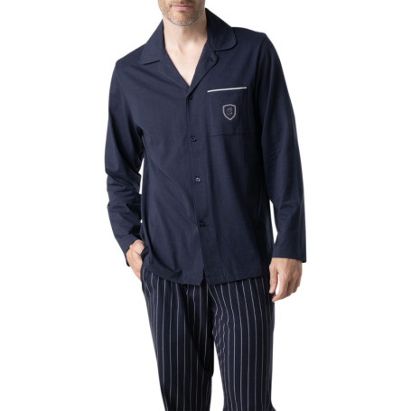 Pyjama long en coton marine à motifs pourvu...