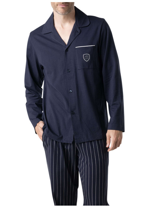 Pyjama long en coton marine à motifs pourvu d'une coupe droite