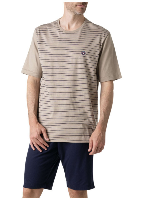 Pyjama court en coton beige à rayures pourvu d'une coupe droite