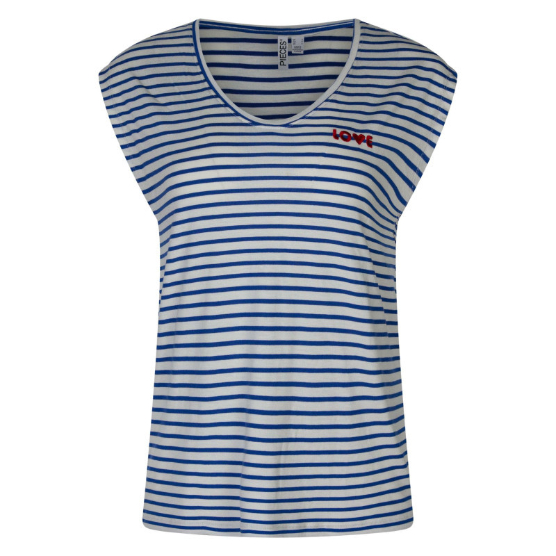 Pieces - T-shirt écru Pourvu De Rayures Bleues Horizontales Et D'un Col Rond - Beige Pieces - T-shirt écru Pourvu De Rayures Bleues Horizontales Et D'un Col Rond - Beige