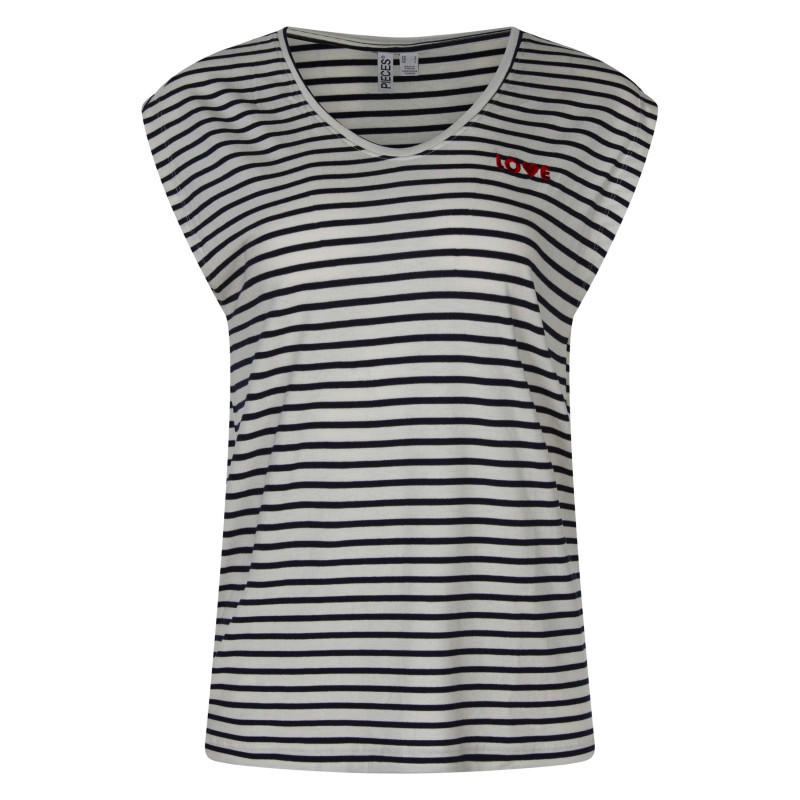 Pieces - T-shirt écru Pourvu De Rayures Marine Horizontales Et D'un Col Rond - Beige Pieces - T-shirt écru Pourvu De Rayures Marine Horizontales Et D'un Col Rond - Beige