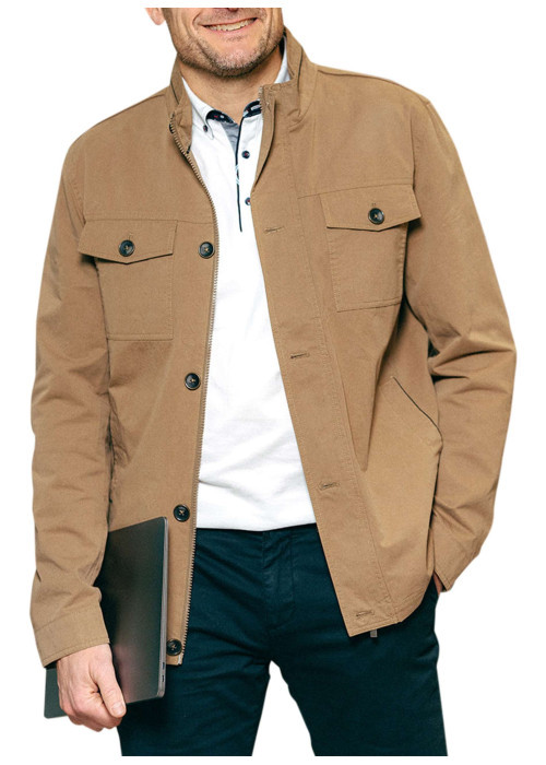 Parka en coton taupe unie avec une coupe droite et un col montant