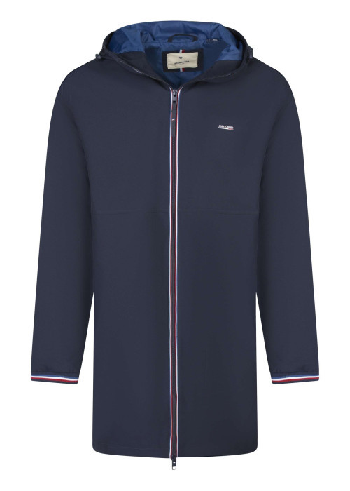 Parka marine unie avec une coupe droite un col à capuche et un zip