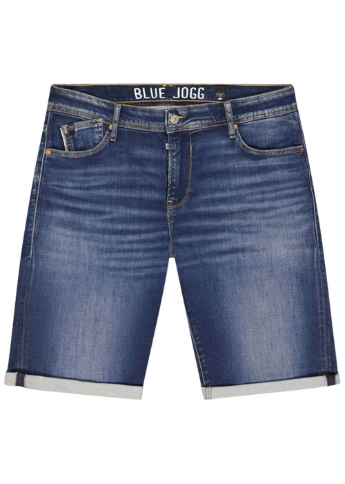 Short en coton mélangé bleu uni avec une coupe droite muni d'un zip