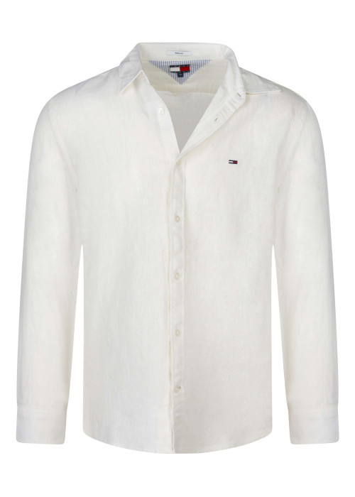 Chemise en lin et coton écrue unie pourvue du logo brodé sur la poitrine