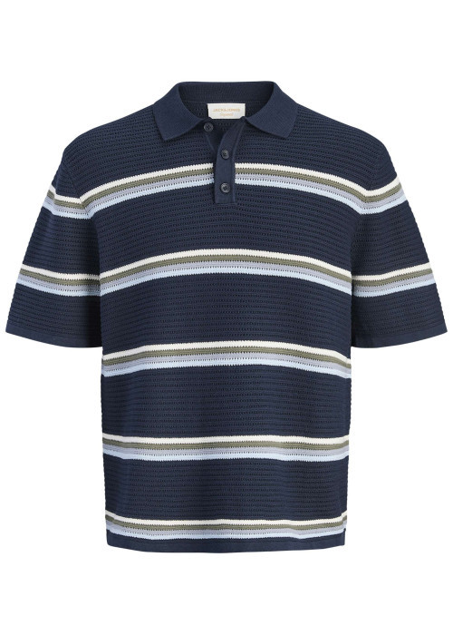 Polo en coton biologique marine à rayures avec une coupe droite