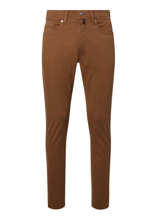 Pantalon en coton camel uni avec une coupe ajustée et une taille intermédiaire