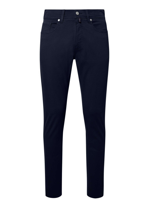 Pantalon en coton marine uni avec une coupe ajustée et des poches à l'italienne
