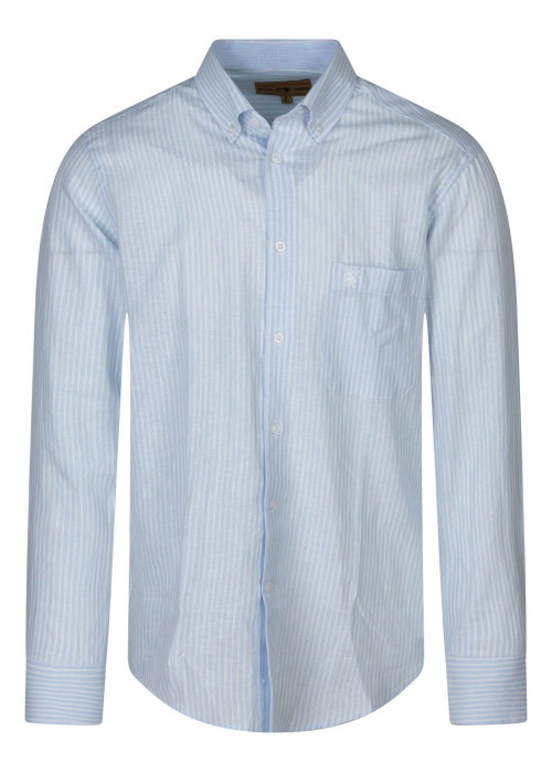 Chemise bleue claire en lin à rayures avec une coupe droite et un col américain