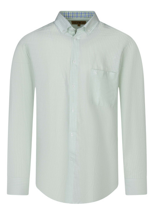 Chemise verte en lin à rayures pourvue avec une coupe droite et un col américain