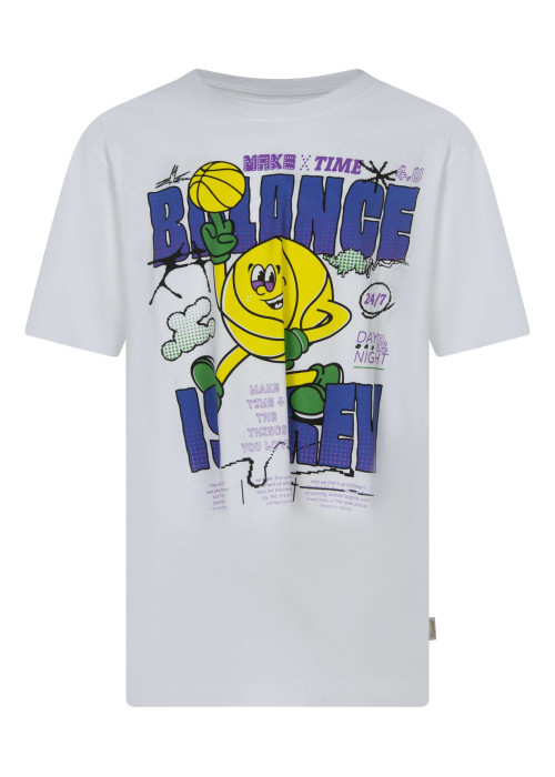 T-shirt en coton biologique blanc uni pourvu d'un imprimé balle de basket
